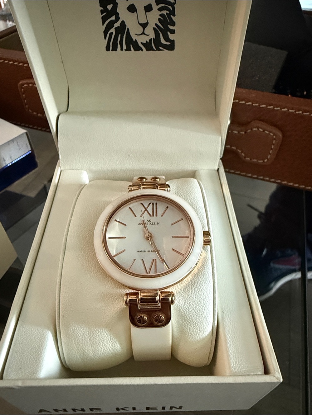 Anne Klein White and Rose Gold Ceramic Bracelet Watch with Roman Numerals